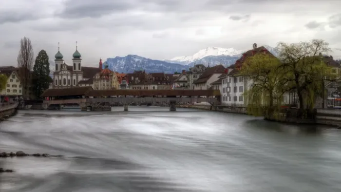 Framed Print : Lucerne old town Jesuit Church and wooden bridge Framed Print : Lucerne old town Jesuit Church and wooden bridge