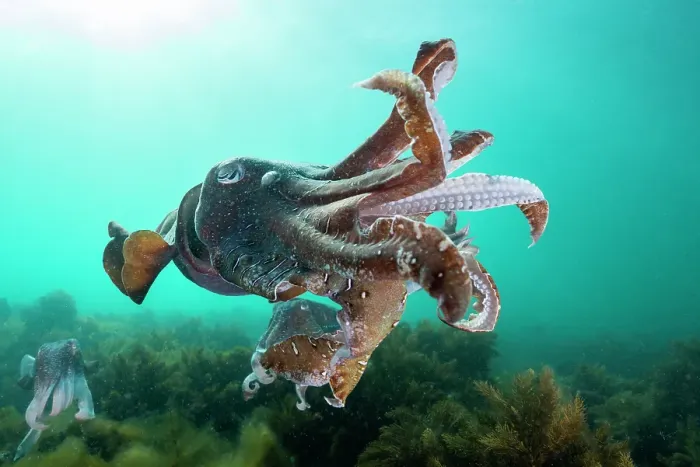 Framed Print : Male Australian giant cuttlefish threatening other males to keep away from his territory, Whyalla, South Australia Framed Print : Male Australian giant cuttlefish threatening other males to keep away from his territory, Whyalla, South Australia