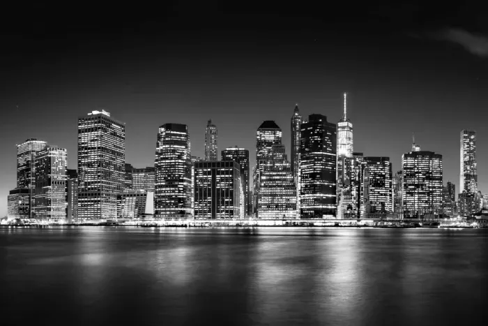 Framed Print : Manhattan skyline from Brooklyn Bridge Park in black and white