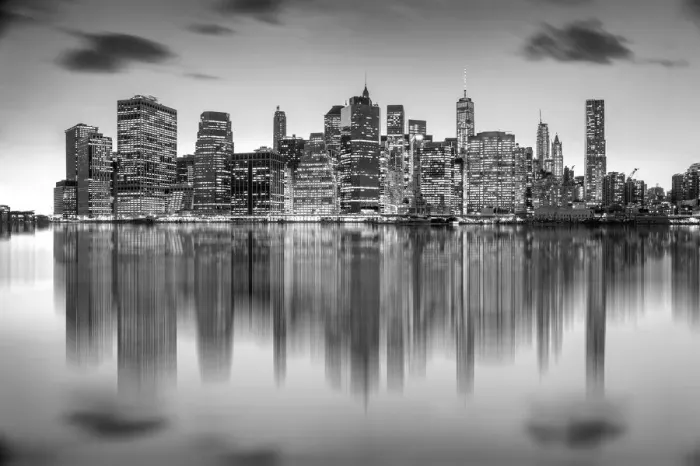 Framed Print : Manhattan skyline from Brooklyn Bridge Park in black and white