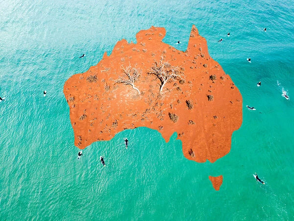 Map of Australia with red desert in the center and surfers in the ocean around the