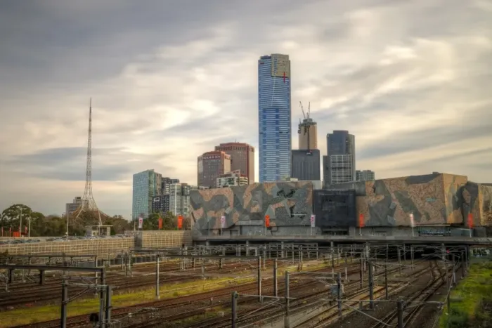 Framed Print : Melbourne train tracks, modern theatre and Eureka