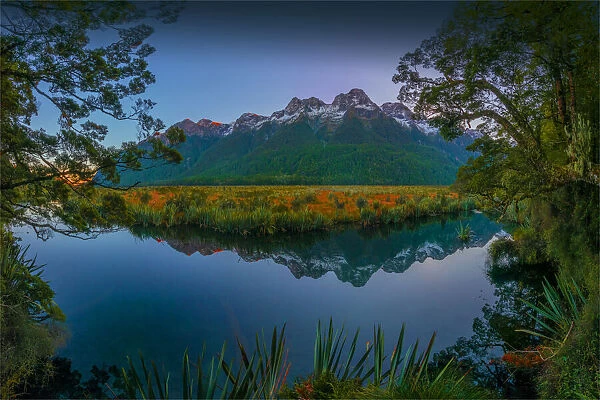 Mirror lake, Eglinton valley dawn, South Island, New Zealand