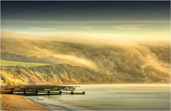 Framed Print : Misty morning along the coastline at Sawnage, England, United Kingdom Framed Print : Misty morning along the coastline at Sawnage, England, United Kingdom