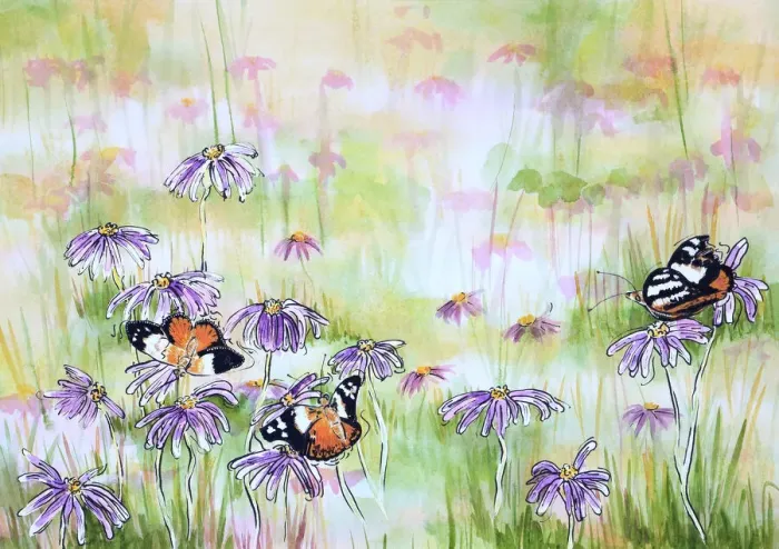 Framed Print : Monarch Butterflies Resting on an Aster Asteraceae Daisy Flowers Mixed Media Painting Framed Print : Monarch Butterflies Resting on an Aster Asteraceae Daisy Flowers Mixed Media Painting