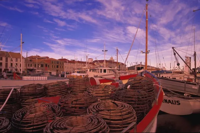 Framed Print : Moored fishing boat with crab traps on foredeck Framed Print : Moored fishing boat with crab traps on foredeck