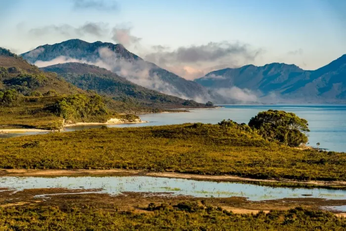 Framed Print : Morning fog over Lake Pedder, Southwest Tasmania Framed Print : Morning fog over Lake Pedder, Southwest Tasmania