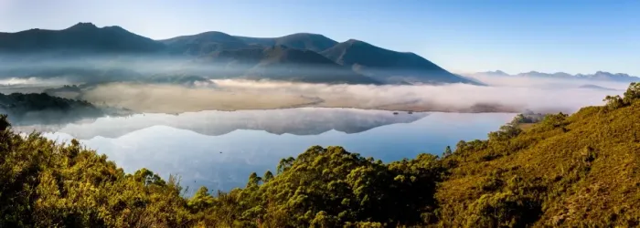 Framed Print : Morning fog over Lake Pedder, Southwest Tasmania Framed Print : Morning fog over Lake Pedder, Southwest Tasmania
