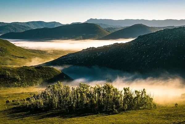 Morning fog at Southwest Tasmania. View from Eastern Arthur Range