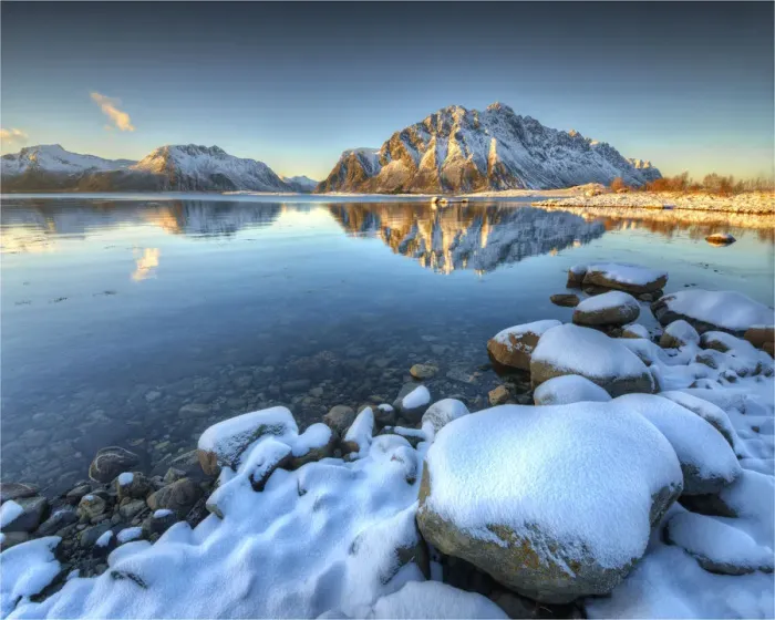 Framed Print : Morning light in winter at Flakstadoya