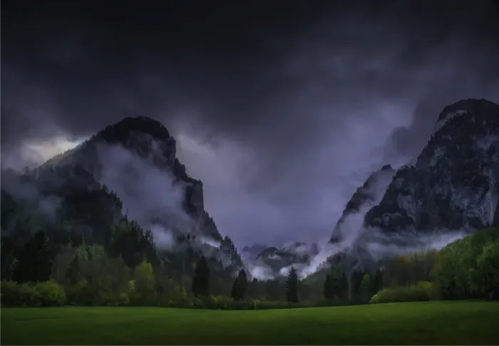 Framed Print : Mountain views and dawn mist, Admont Valley in spring, central Austria