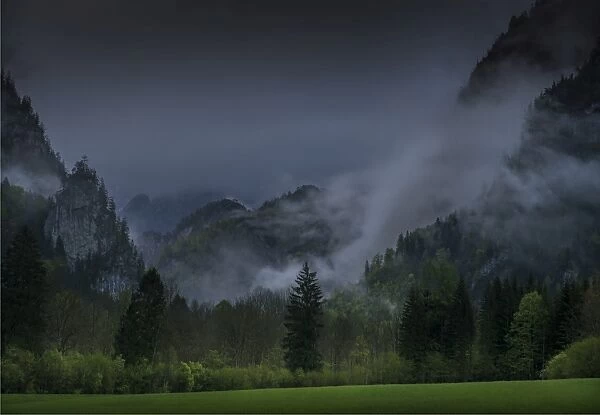 Mountain views and dawn mist, Admont Valley in spring, central Austria
