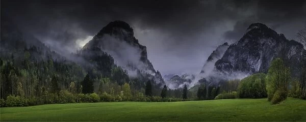 Mountain views and dawn mist, Admont Valley in spring, central Austria