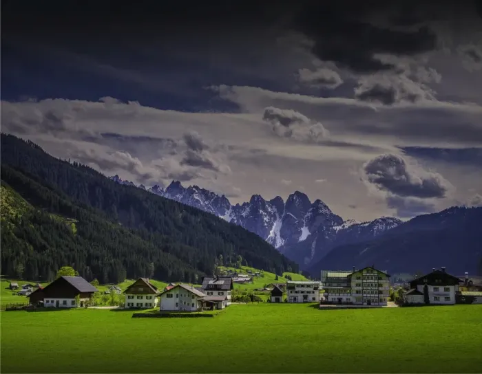 Framed Print : A mountain village in the meadows of central Austria Framed Print : A mountain village in the meadows of central Austria