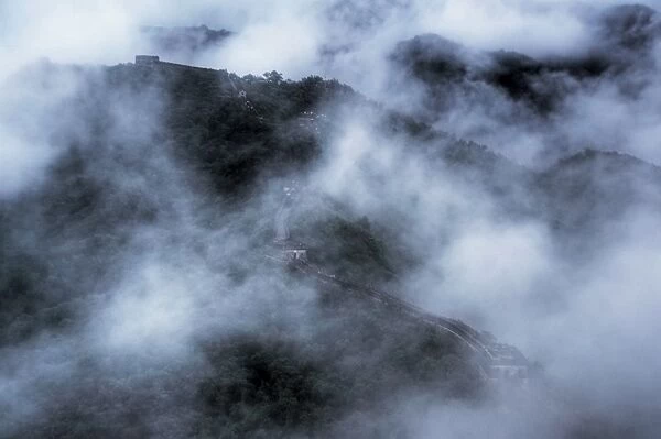 Mutianyu Great Wall of China in dense fog