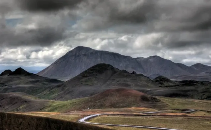 Framed Print : Myvatn picturesque mountain peaks and zigzag road Framed Print : Myvatn picturesque mountain peaks and zigzag road