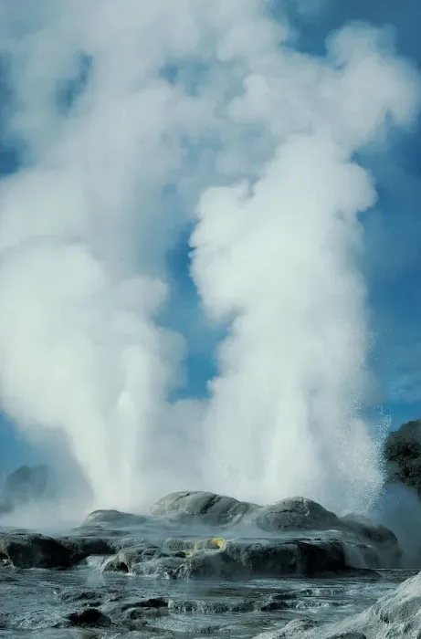 Framed Print : New Zealand, Rotorua, Whakarewarewa, Pohutu and Prince of Wales geysers
