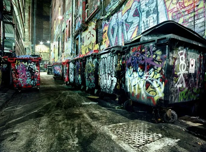 Framed Print : Night Alley with Dumpsters and Graffiti