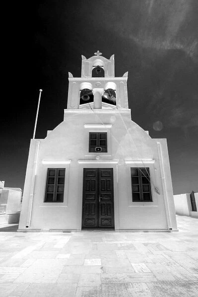 Oia Santorini old church close up in b&w