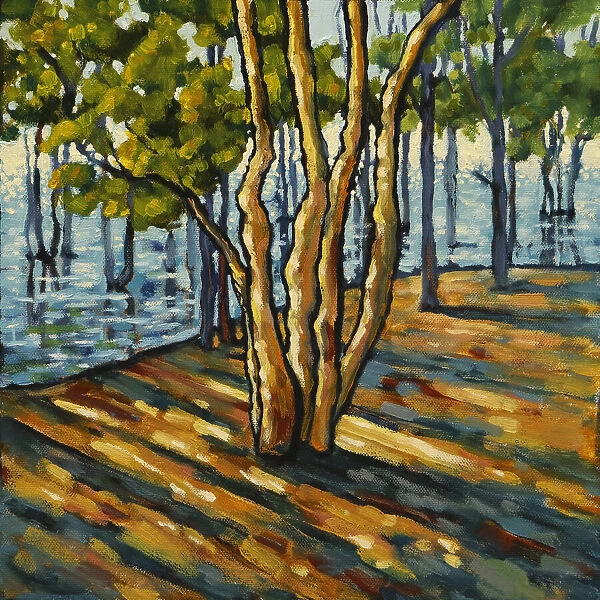Oil Painting of an Acacia Tree in Wetlands with Early Morning Light