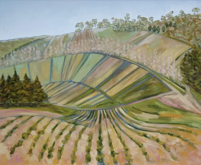 Framed Print : Oil Painting of Farm Paddocks on a Hillside Framed Print : Oil Painting of Farm Paddocks on a Hillside