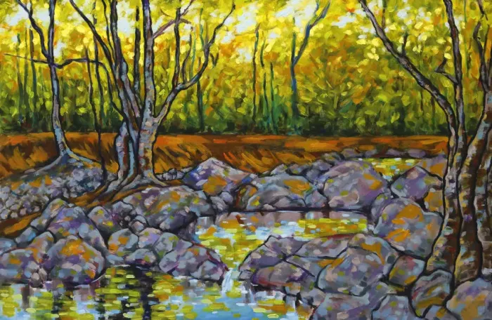 Framed Print : Oil Painting of River Rock Pools Trees and Dappled Sunlight