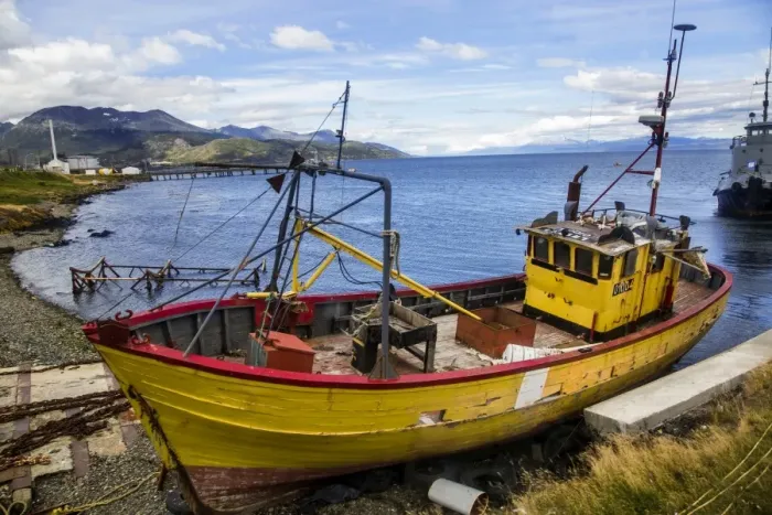 Framed Print : An Old Boat Docked Outside the Harbour of Maritime Museum of Ushuaia (Museo Maritimo y del Presidio), Tierra Del Fuego Province, Ushuaia, Argentina, South America