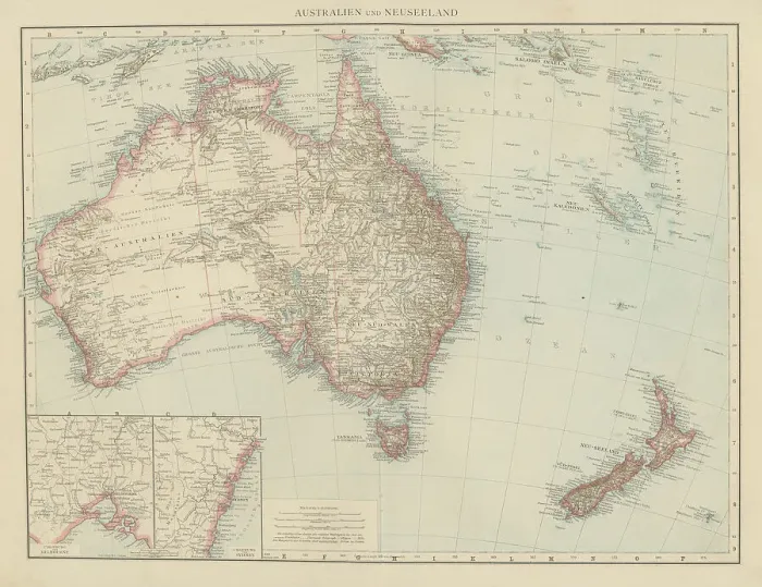 Framed Print : Old chromolithograph map of Australasia (Australia, New Zealand, the island of New Guinea, and neighbouring islands in the Pacific Ocean) Framed Print : Old chromolithograph map of Australasia (Australia, New Zealand, the island of New Guinea, and neighbouring islands in the Pacific Ocean)