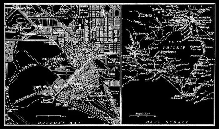Framed Print : Old chromolithograph map of Melbourne and Port Phillip - Australia