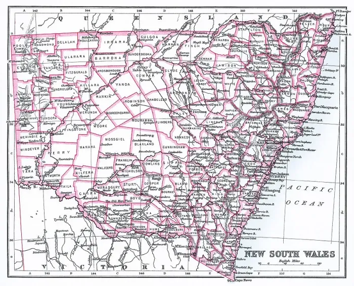 Framed Print : Old chromolithograph map of New South Wales - a state on the east coast of Australia