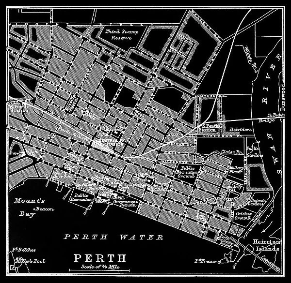 Old chromolithograph map of Perth, the capital and largest city of the Australian state of Western Australia and the fourth most populous city in Australia and Oceania