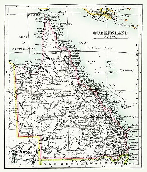 Old chromolithograph map of Queensland, a state situated in northeastern Australia, and is the second-largest and third-most populous of the Australian states