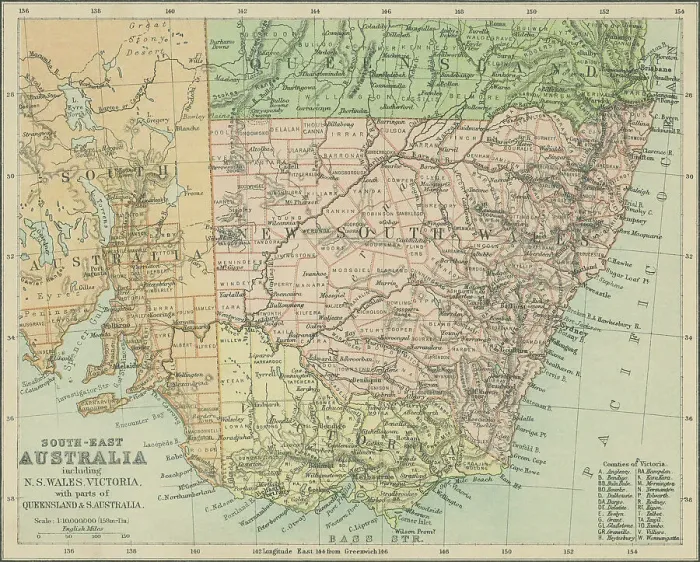 Framed Print : Old chromolithograph map of Southeast Australia