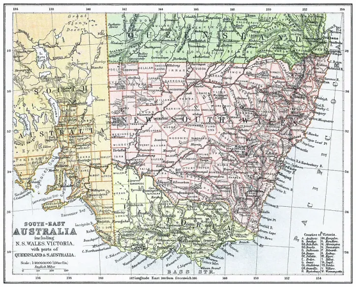 Framed Print : Old chromolithograph map of Southeast Australia Framed Print : Old chromolithograph map of Southeast Australia