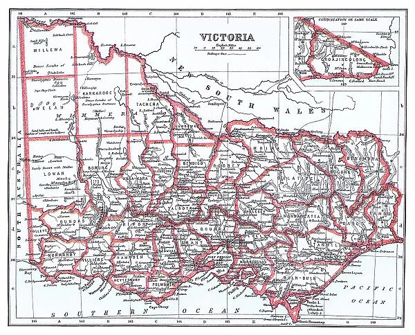Old chromolithograph map of Victoria, a state in southeastern Australia