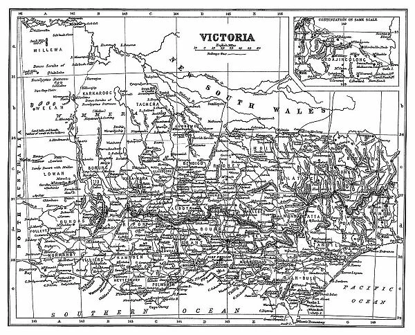 Old chromolithograph map of Victoria, a state in southeastern Australia