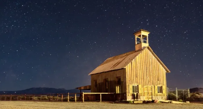 Framed Print : Old Church in Moab with Stars at night