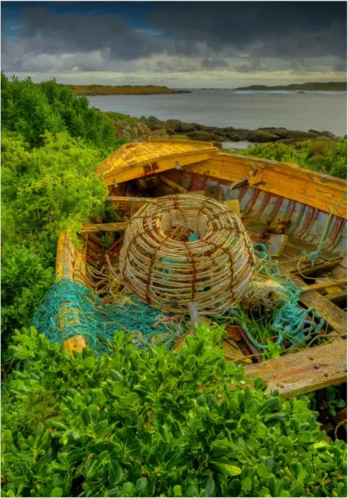 Framed Print : Old derelict boat and Lobster pot at the Currie foreshore, King Island, Bass Strait, Tasmania, Australia