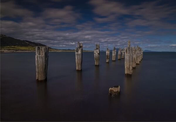 Old derelict pier at Lillies beach, on the coastline of Sawyers bay, Flinders Island, Bass Strait, Tasmania, Australia