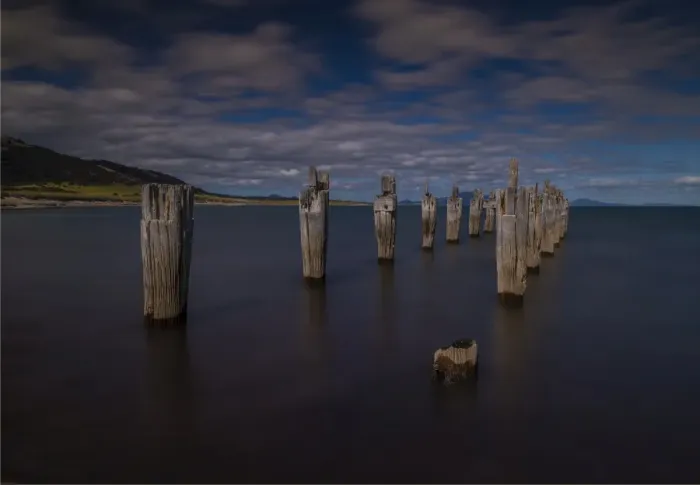 Framed Print : Old derelict pier at Lillies beach, on the coastline of Sawyers bay, Flinders Island, Bass Strait, Tasmania, Australia