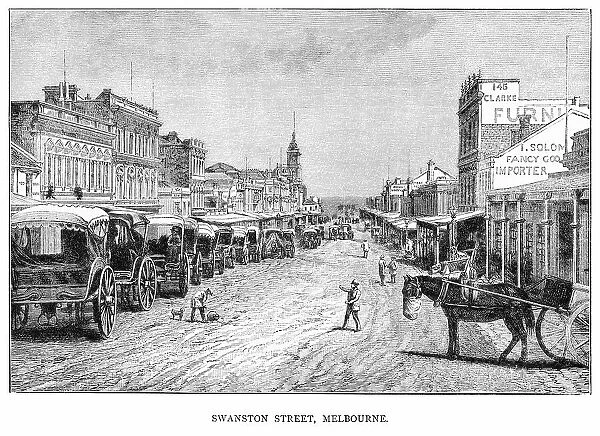 Old engraved illustration of Swanston Street, Melbourne, Australia