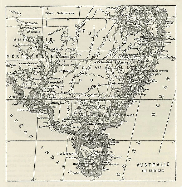 Old engraved map of AUSTRALIA continent (south-east side)
