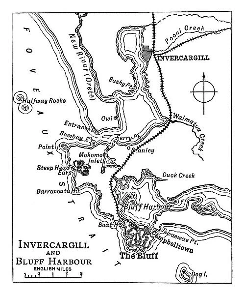 Old engraved map of Invercargill and Bluff Harbour, New Zealand