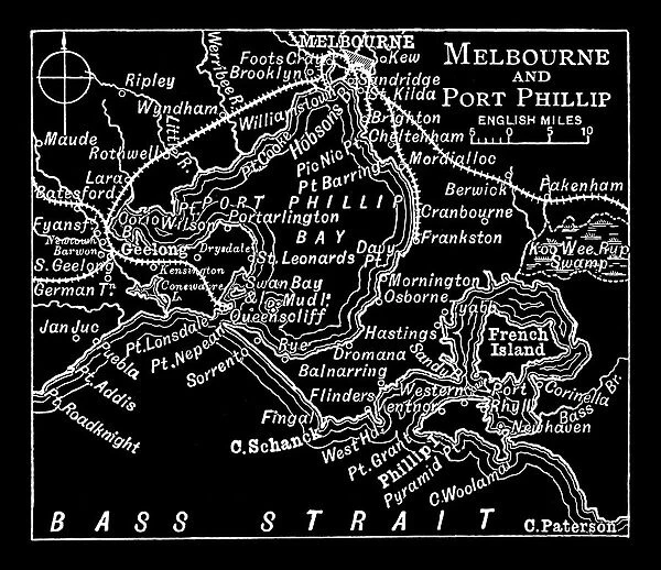 Old engraved map of Melbourne and Port Phillip
