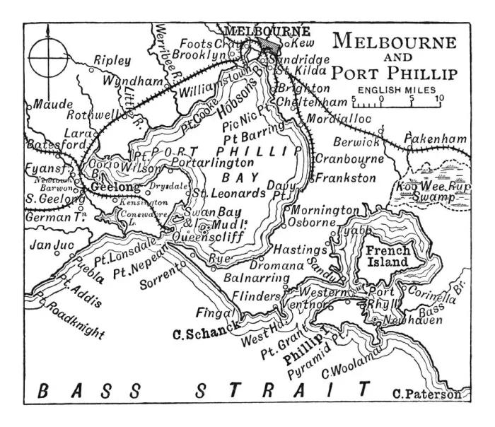 Framed Print : Old engraved map of Melbourne and Port Phillip Framed Print : Old engraved map of Melbourne and Port Phillip