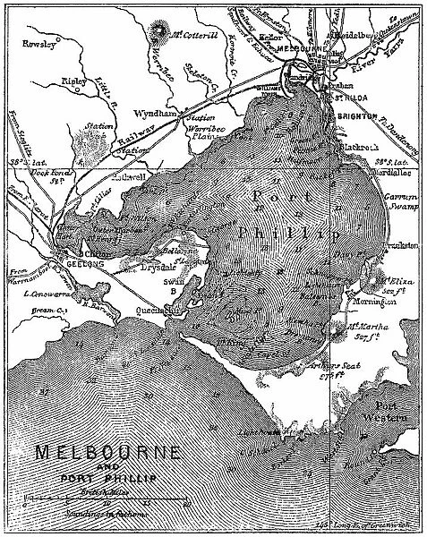 Old engraved map of Melbourne and Port Phillip, Australia