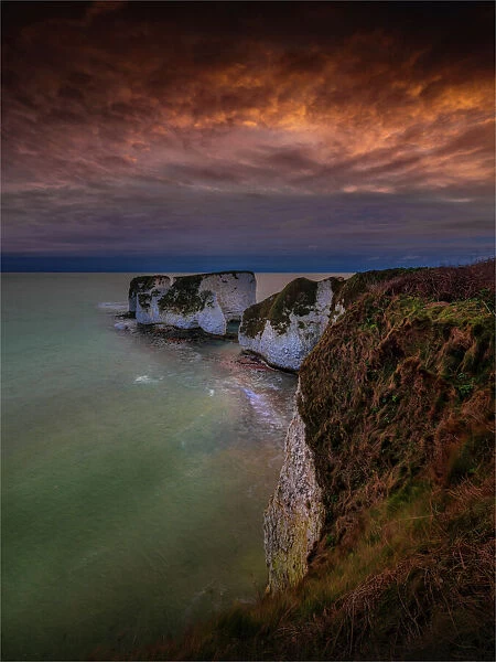 Old Harry Rocks on a cold springtime dawn, Dorset, England, UK