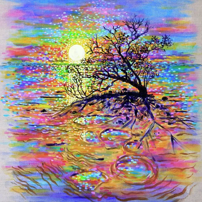 Framed Print : Old Mangrove Tree Silhouetted Against Sunrise Seascape Original Painting Framed Print : Old Mangrove Tree Silhouetted Against Sunrise Seascape Original Painting