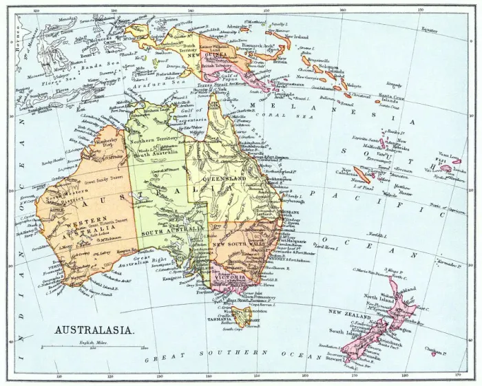 Framed Print : Old map of Australasia (Australia, New Zealand, the island of New Guinea, and neighbouring islands in the Pacific Ocean) Framed Print : Old map of Australasia (Australia, New Zealand, the island of New Guinea, and neighbouring islands in the Pacific Ocean)