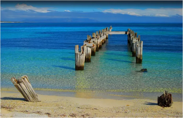 Framed Print : The old pier at Lillies beach on Flinders Island, Bass Strait, Tasmania, Australia